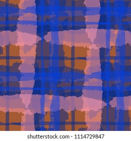 Tartan. Seamless Grunge Pattern with Hand Painted Crossing Brush Strokes for Wallpaper, Linen, Sportswear. Rustic Check Texture. Vector Seamless Kilt Texture. Scottish 
Ornament