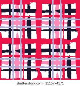 Tartan. Seamless Grunge Pattern with Hand Painted Crossing Brush Strokes for Wallpaper, Linen, Sportswear. Rustic Check Texture. Vector Seamless Tartan.