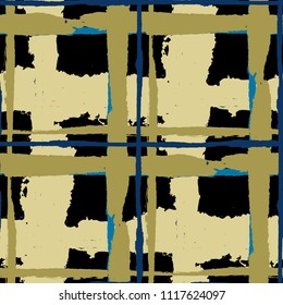 Tartan. Seamless Grunge Pattern with Hand Painted Crossing Brush Strokes for Swimwear, Fabric, Textile. Rustic Check Texture. Vector Seamless Kilt Texture.