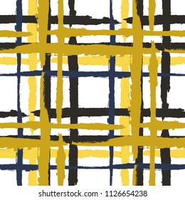 Tartan. Seamless Grunge Pattern with Hand Painted Crossing Brush Strokes for Wrapping Paper, Linen, Sportswear. Rustic Check Texture. Vector Seamless Plaid Texture.