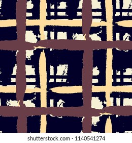 Tartan. Seamless Grunge Pattern with Hand Painted Crossing Stripes for Wallpaper, Linen, Sportswear. Rustic Check Texture. Vector Seamless Tartan. Scottish 
Ornament