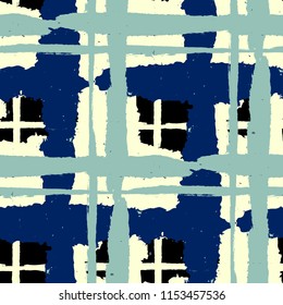 Tartan. Seamless Grunge Pattern with Hand Painted Crossing Lines for Swimwear, Fabric, Textile. Rustic Check Texture. Vector Seamless Plaid Texture.