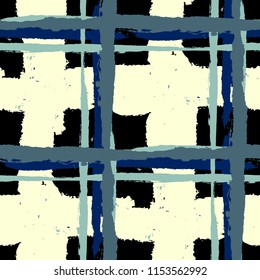 Tartan. Seamless Grunge Pattern with Hand Painted Crossing Lines for Swimwear, Fabric, Textile. Rustic Check Texture. Vector Seamless Kilt Texture.