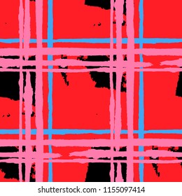 Tartan. Seamless Grunge Pattern with Hand Painted Crossing Stripes for Print, Linen, Cloth. Rustic Check Texture. Vector Seamless Tartan.