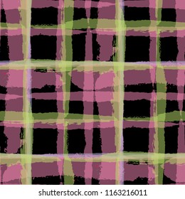 Tartan. Seamless Grunge Pattern with Hand Painted Crossing Stripes for Swimwear, Upholstery, Textile. Rustic Check Texture. Vector Seamless Tartan.