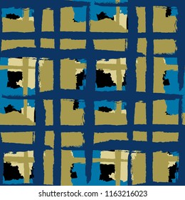 Tartan. Seamless Grunge Pattern with Hand Painted Crossing Stripes for Wrapping Paper, Linen, Sportswear. Rustic Check Texture. Vector Seamless Kilt Texture.