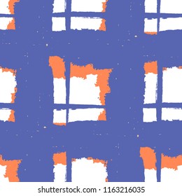Tartan. Seamless Grunge Pattern with Hand Painted Crossing Brush Strokes for Wallpaper, Linen, Sportswear. Rustic Check Texture. Vector Seamless Tartan. Scottish Ornament