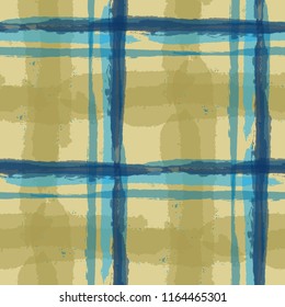 Tartan. Seamless Grunge Pattern with Hand Painted Crossing Brush Strokes for Swimwear, Upholstery, Textile. Rustic Check Texture. Vector Seamless Tartan.