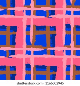 Tartan. Seamless Grunge Pattern with Hand Painted Crossing Stripes for Wallpaper, Linen, Cloth. Rustic Check Texture. Vector Seamless Tartan. Scottish Ornament