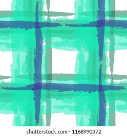 Tartan. Seamless Grunge Pattern with Hand Painted Crossing Brush Strokes for Print, Linen, Cloth. Rustic Check Texture. Vector Seamless Plaid. Scottish Ornament