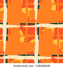 Tartan. Seamless Grunge Pattern with Hand Painted Crossing Stripes for Swimwear, Upholstery, Textile. Rustic Check Texture. Vector Seamless Kilt Texture. Scottish Ornament