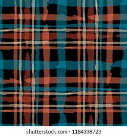 Tartan. Seamless Grunge Pattern with Hand Painted Crossing Brush Strokes for Swimwear, Fabric, Textile. Rustic Check Texture. Vector Seamless Kilt Texture.