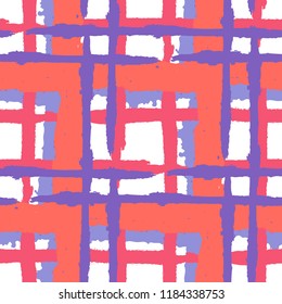 Tartan. Seamless Grunge Pattern with Hand Painted Crossing Brush Strokes for Swimwear, Upholstery, Textile. Rustic Check Texture. Vector Seamless Tartan.