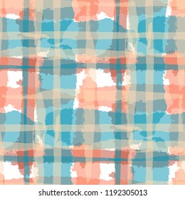 Tartan. Seamless Grunge Pattern with Hand Painted Crossing Stripes for Wrapping Paper, Linen, Sportswear. Rustic Check Texture. Vector Seamless Plaid Texture.