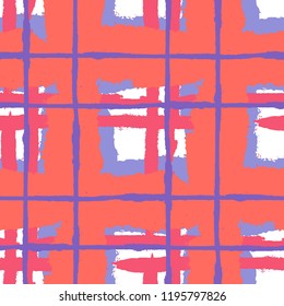 Tartan. Seamless Grunge Pattern with Hand Painted Crossing Lines for Swimwear, Upholstery, Textile. Rustic Check Texture. Vector Seamless Kilt Texture.