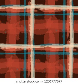 Tartan. Seamless Grunge Pattern with Hand Painted Crossing Brush Strokes for Print, Upholstery, Cloth. Rustic Check Texture. Vector Seamless Kilt Texture.