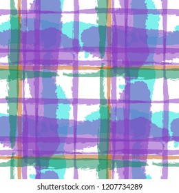 Tartan. Seamless Grunge Pattern with Hand Painted Crossing Stripes for Print, Upholstery, Textile. Rustic Check Texture. Vector Seamless Kilt Texture.