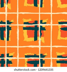 Tartan. Seamless Grunge Pattern with Hand Painted Crossing Brush Strokes for Print, Upholstery, Textile. Rustic Check Texture. Vector Seamless Kilt Texture.