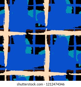 Tartan. Seamless Grunge Pattern with Hand Painted Crossing Stripes for Swimwear, Upholstery, Textile. Rustic Check Texture. Vector Seamless Tartan.
