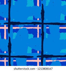 Tartan. Seamless Grunge Pattern with Hand Painted Crossing Lines for Wrapping Paper, Linen, Sportswear. Rustic Check Texture. Vector Seamless Kilt Texture.