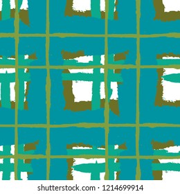 Tartan. Seamless Grunge Pattern with Hand Painted Crossing Brush Strokes for Wrapping Paper, Linen, Sportswear. Rustic Check Texture. Vector Seamless Kilt Texture. Scottish Ornament