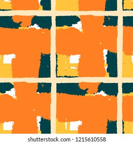 Tartan. Seamless Grunge Pattern with Hand Painted Crossing Lines for Swimwear, Fabric, Textile. Rustic Check Texture. Vector Seamless Kilt Texture. Scottish Ornament