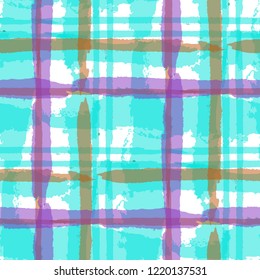 Tartan. Seamless Grunge Pattern with Hand Painted Crossing Brush Strokes for Print, Upholstery, Textile. Rustic Check Texture. Vector Seamless Kilt Texture.