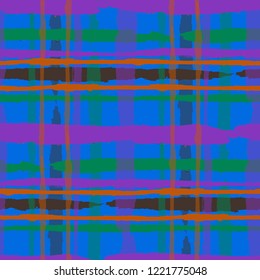 Tartan. Seamless Grunge Pattern with Hand Painted Crossing Brush Strokes for Wallpaper, Linen, Cloth. Rustic Check Texture. Vector Seamless Plaid. Scottish Ornament