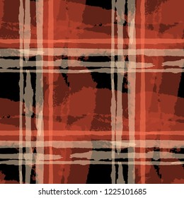 Tartan. Seamless Grunge Pattern with Hand Painted Crossing Stripes for Print, Linen, Cloth. Rustic Check Texture. Vector Seamless Kilt Texture.