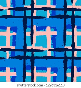Tartan. Seamless Grunge Pattern with Hand Painted Crossing Stripes for Print, Linen, Cloth. Rustic Check Texture. Vector Seamless Tartan. Scottish Ornament