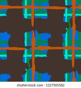 Tartan. Seamless Grunge Pattern with Hand Painted Crossing Brush Strokes for Print, Upholstery, Cloth. Rustic Check Texture. Vector Seamless Tartan.