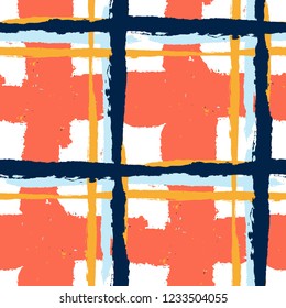 Tartan. Seamless Grunge Pattern with Hand Painted Crossing Brush Strokes for Wallpaper, Linen, Sportswear. Rustic Check Texture. Vector Seamless Tartan.