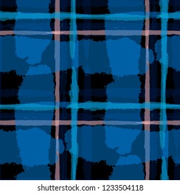 Tartan. Seamless Grunge Pattern with Hand Painted Crossing Lines for Wallpaper, Linen, Sportswear. Rustic Check Texture. Vector Seamless Tartan. Scottish Ornament