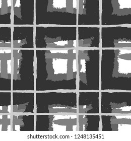 Tartan. Seamless Grunge Pattern with Hand Painted Crossing Brush Strokes for Print, Linen, Cloth. Rustic Check Texture. Vector Seamless Tartan. Scottish Ornament