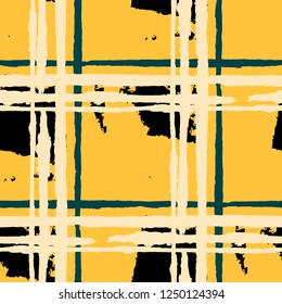 Tartan. Seamless Grunge Pattern with Hand Painted Crossing Lines for Print, Upholstery, Cloth. Rustic Check Texture. Vector Seamless Tartan. Scottish Ornament