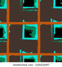 Tartan. Seamless Grunge Pattern with Hand Painted Crossing Lines for Swimwear, Fabric, Textile. Rustic Check Texture. Vector Seamless Kilt Texture.