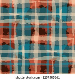 Tartan. Seamless Grunge Pattern with Hand Painted Crossing Brush Strokes for Print, Upholstery, Textile. Rustic Check Texture. Vector Seamless Tartan. Scottish Ornament