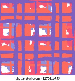 Tartan. Seamless Grunge Pattern with Hand Painted Crossing Brush Strokes for Print, Linen, Cloth. Rustic Check Texture. Vector Seamless Kilt Texture.
