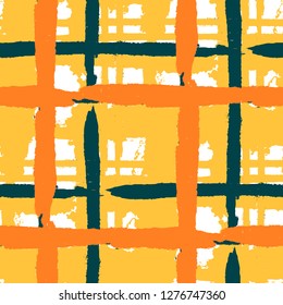 Tartan. Seamless Grunge Pattern with Hand Painted Crossing Brush Strokes for Swimwear, Upholstery, Textile. Rustic Check Texture. Vector Seamless Kilt Texture. Scottish Ornament
