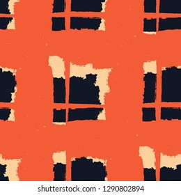 Tartan. Seamless Grunge Pattern with Hand Painted Crossing Stripes for Wrapping Paper, Linen, Sportswear. Rustic Check Texture. Vector Seamless Kilt Texture. Scottish Ornament