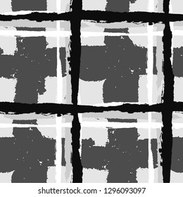 Tartan. Seamless Grunge Pattern with Hand Painted Crossing Brush Strokes for Swimwear, Upholstery, Textile. Rustic Check Texture. Vector Seamless Tartan.