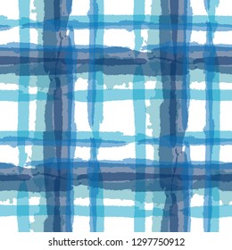 Tartan. Seamless Grunge Pattern with Hand Painted Crossing Lines for Swimwear, Fabric, Textile. Rustic Check Texture. Vector Seamless Plaid Texture.