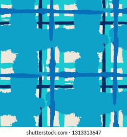 Tartan. Seamless Grunge Pattern with Hand Painted Crossing Lines for Wrapping Paper, Linen, Sportswear. Rustic Check Texture. Vector Seamless Kilt Texture.