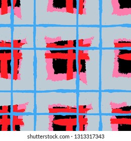 Tartan. Seamless Grunge Pattern with Hand Painted Crossing Stripes for Print, Upholstery, Textile. Rustic Check Texture. Vector Seamless Plaid. Scottish Ornament
