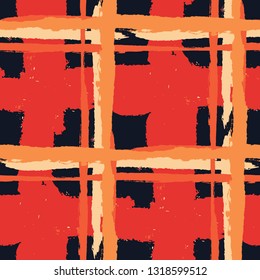 Tartan. Seamless Grunge Pattern with Hand Painted Crossing Brush Strokes for Print, Upholstery, Cloth. Rustic Check Texture. Vector Seamless Kilt Texture. Scottish Ornament