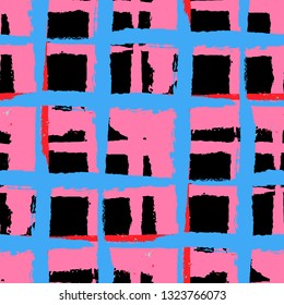 Tartan. Seamless Grunge Pattern with Hand Painted Crossing Brush Strokes for Print, Upholstery, Textile. Rustic Check Texture. Vector Seamless Plaid. Scottish Ornament