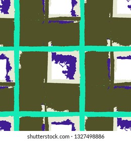 Tartan. Seamless Grunge Pattern with Hand Painted Crossing Stripes for Wrapping Paper, Linen, Sportswear. Rustic Check Texture. Vector Seamless Kilt Texture. Scottish Ornament