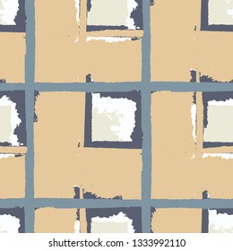 Tartan. Seamless Grunge Pattern with Hand Painted Crossing Lines for Swimwear, Upholstery, Textile. Rustic Check Texture. Vector Seamless Plaid Texture.