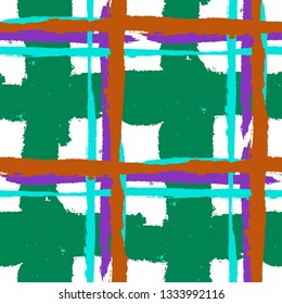 Tartan. Seamless Grunge Pattern with Hand Painted Crossing Stripes for Swimwear, Upholstery, Textile. Rustic Check Texture. Vector Seamless Kilt Texture. Scottish Ornament