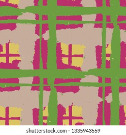 Tartan. Seamless Grunge Pattern with Hand Painted Crossing Lines for Swimwear, Upholstery, Textile. Rustic Check Texture. Vector Seamless Plaid. Scottish Ornament